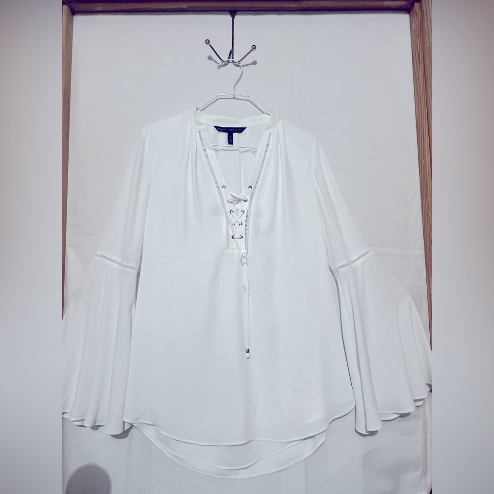White House Black Market White Blouse with Lace-Up Front